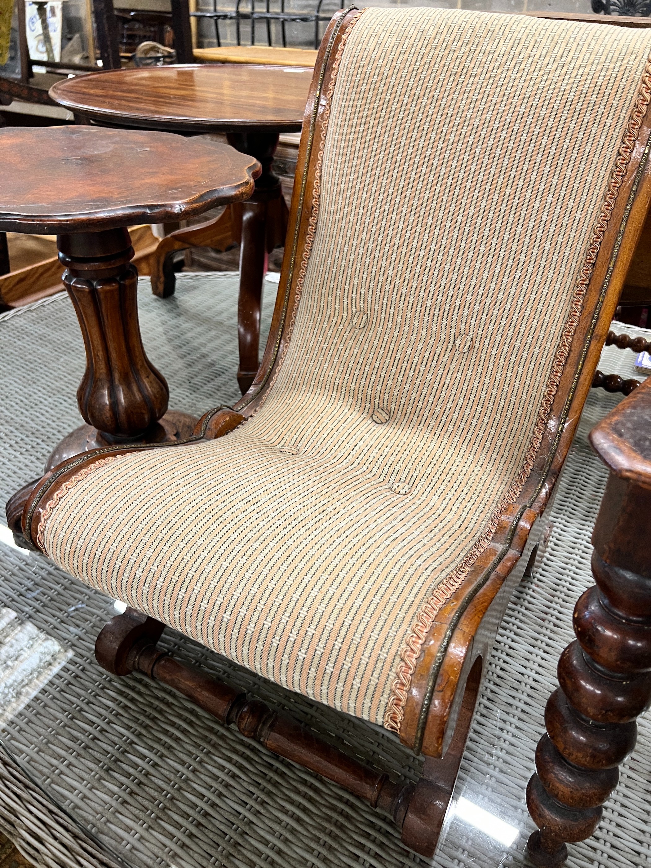 A Victorian oak and mahogany hall chair, a slipper chair and a wine table